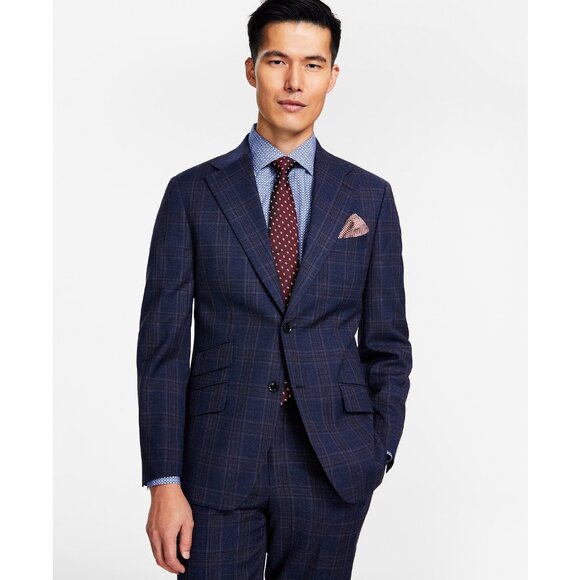 Tallia Men's Slim-Fit Stretch Plaid Suit Jacket Navy/Brown 44R B4HP $425 - Picture 1 of 4